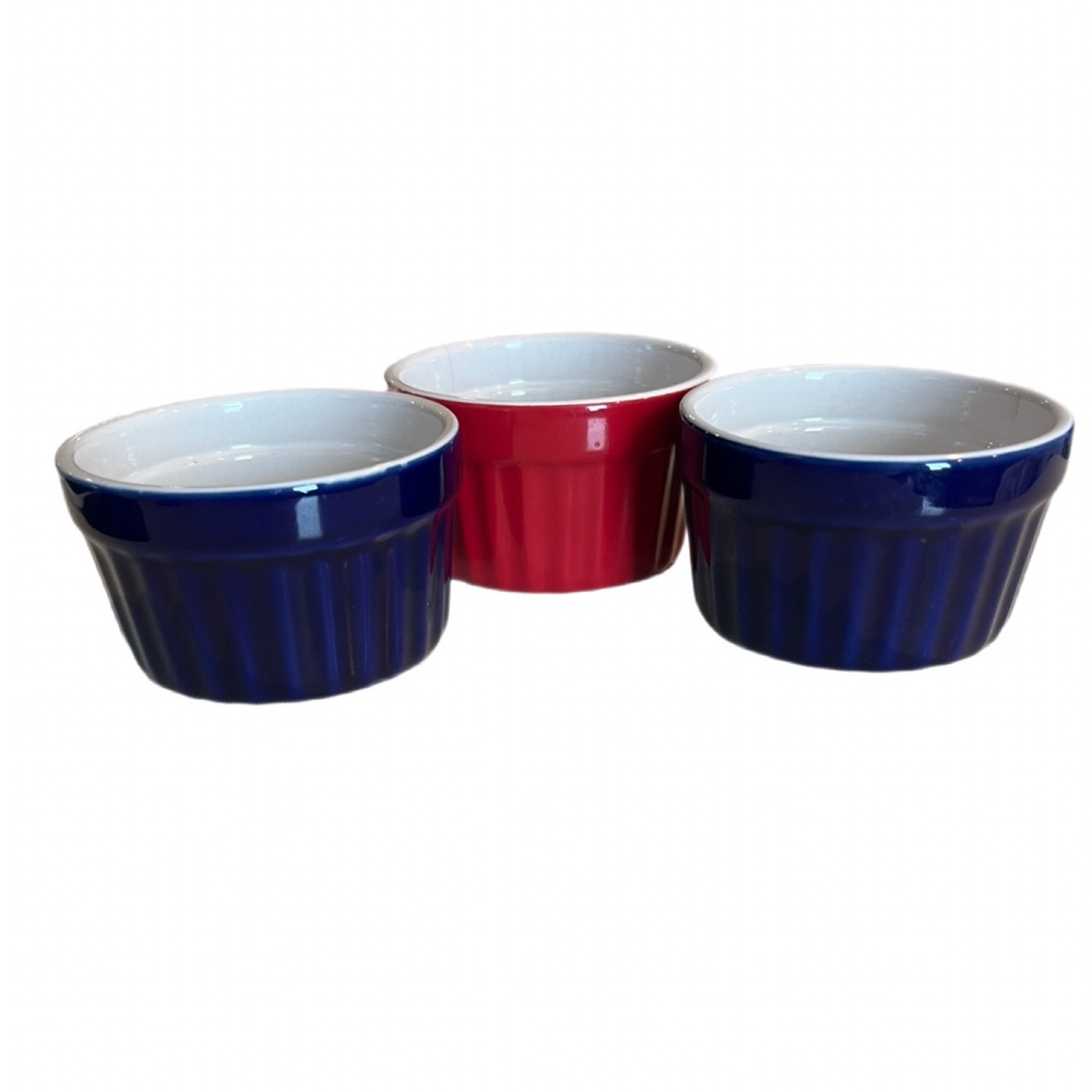 Trio of Glossy Ceramic Ramekins in Navy & Red